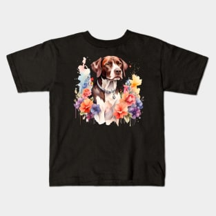 A pointer dog decorated with beautiful watercolor flowers Kids T-Shirt